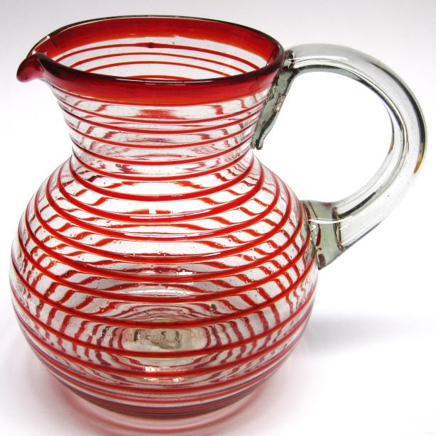 Wholesale MEXICAN GLASSWARE / Ruby Red Spiral 120 oz Large Bola Pitcher / A classic with a modern twist, this pitcher is adorned with a beautiful ruby red spiral.